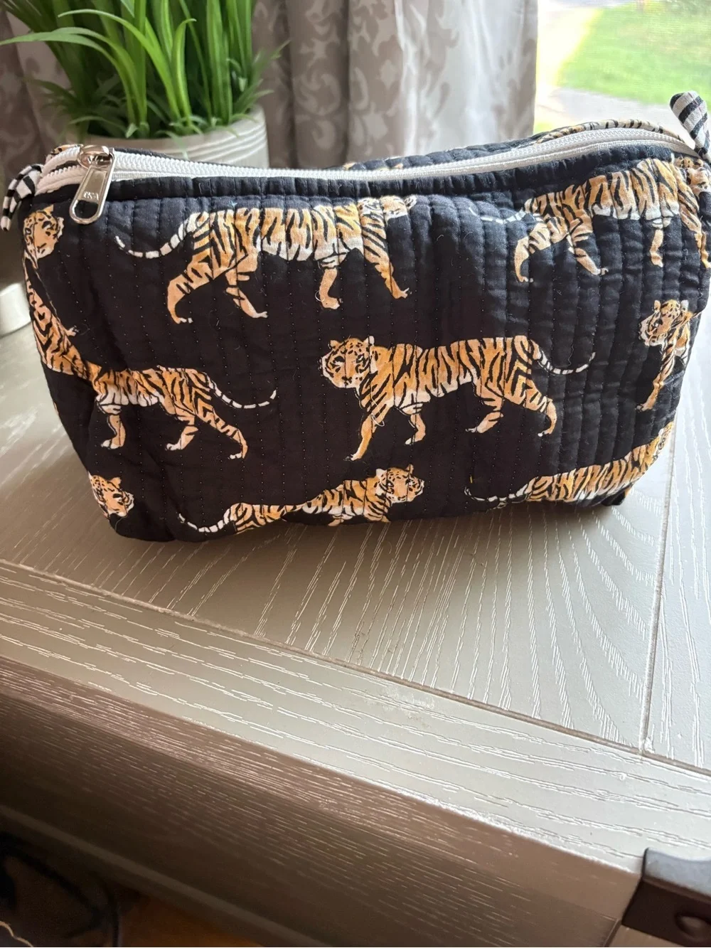 Set of 3 Tiger Print Quilted Cosmetic Pouch Set - Black & Gold
